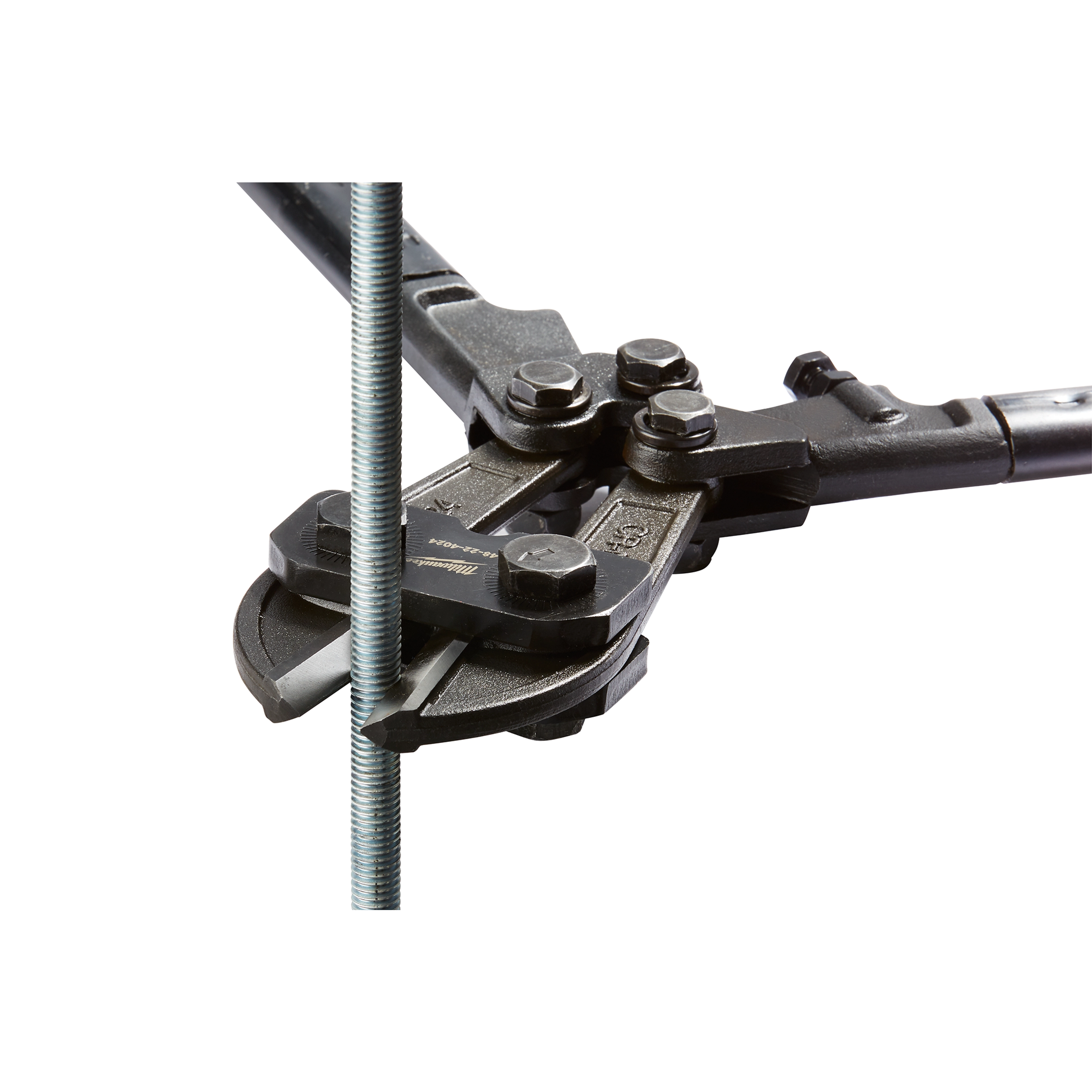 24" Bolt Cutter cutting through a threaded metal rod. The jaws of the bolt cutter are positioned around the rod, ready to slice.