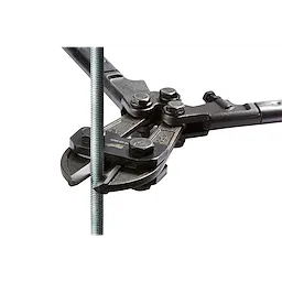 24" Bolt Cutter cutting through a threaded metal rod. The jaws of the bolt cutter are positioned around the rod, ready to slice.