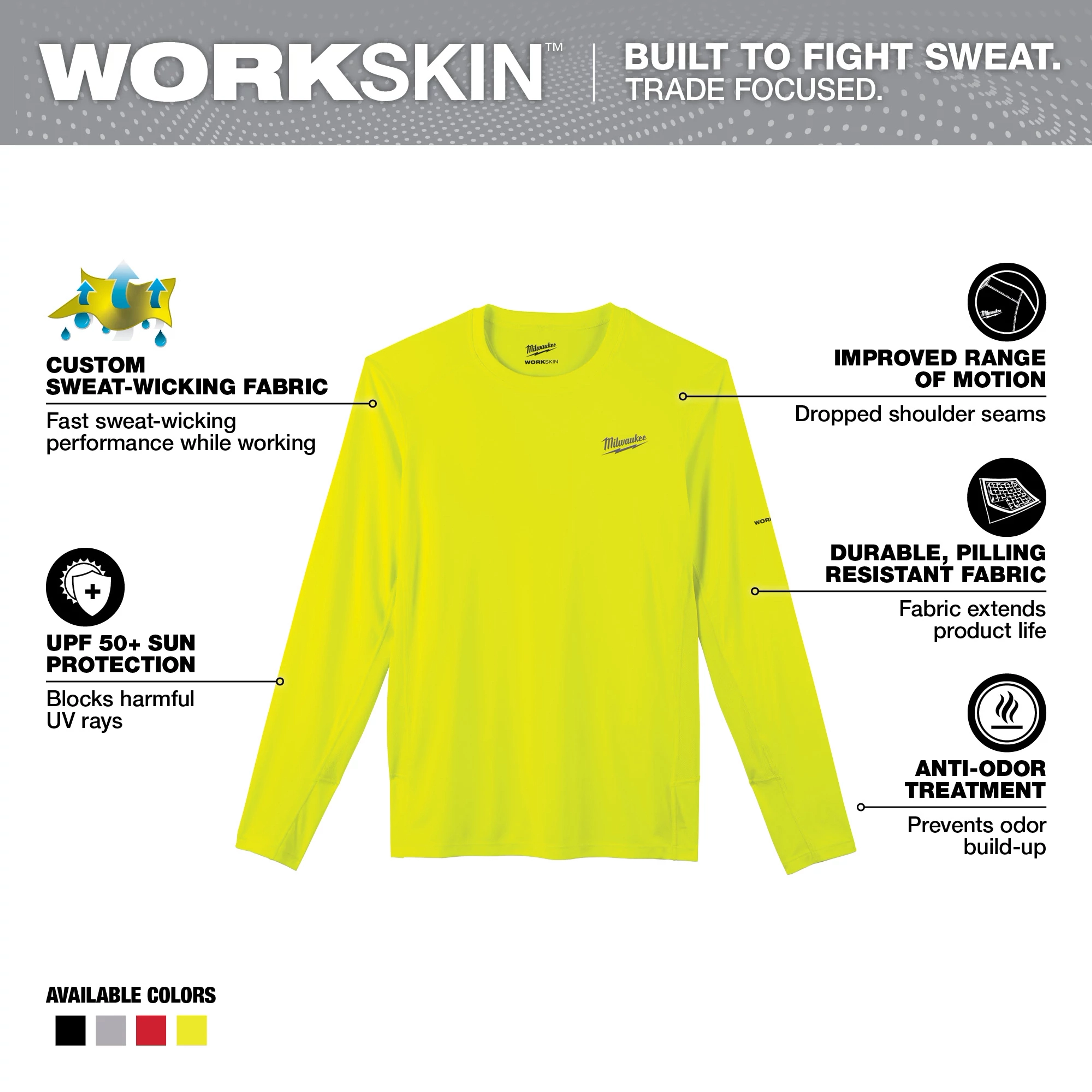 WORKSKIN Lightweight Performance Shirt - Long Sleeve in neon yellow with features like sweat-wicking fabric, sun protection, and anti-odor treatment.