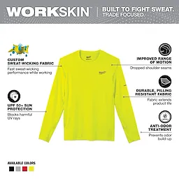WORKSKIN Lightweight Performance Shirt - Long Sleeve in neon yellow with features like sweat-wicking fabric, sun protection, and anti-odor treatment.