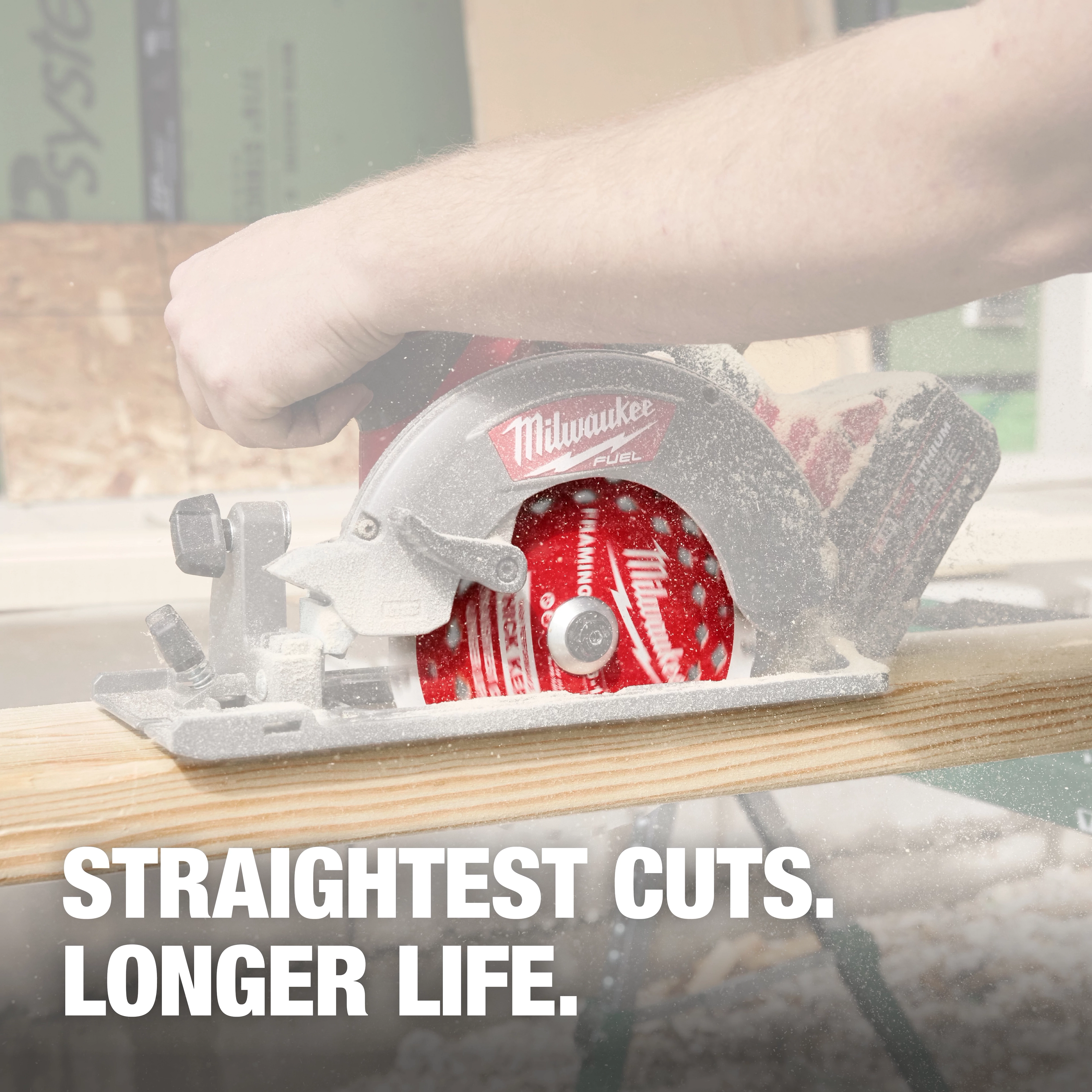 6-1/2” 24T Thick Kerf Framing Circular Saw Blade mounted in a circular saw cutting a wooden board.