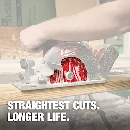 6-1/2” 24T Thick Kerf Framing Circular Saw Blade mounted in a circular saw cutting a wooden board.