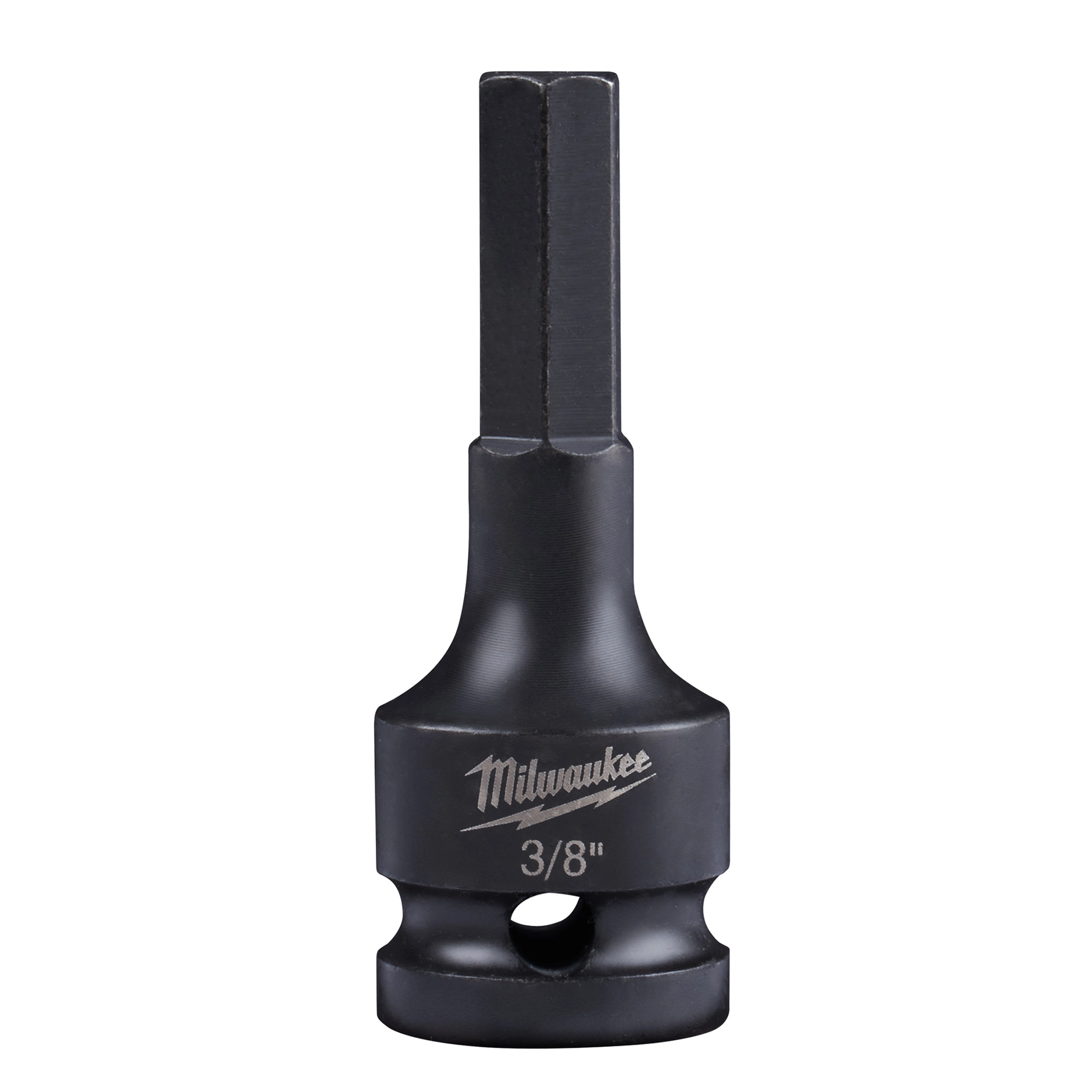 A 1/2" Drive 3/8" Hex Bit Socket with a black finish. The socket features a hexagonal bit at the top and is engraved with "3/8" and a prominent brand name. Designed for compatibility with power tools.