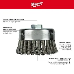 Knot Wire Cup Brush - Carbon/Stainless Steel features 5/8"-11 threaded arbor, precision construction, harder steel, and Hyperwire variable gauge wire.