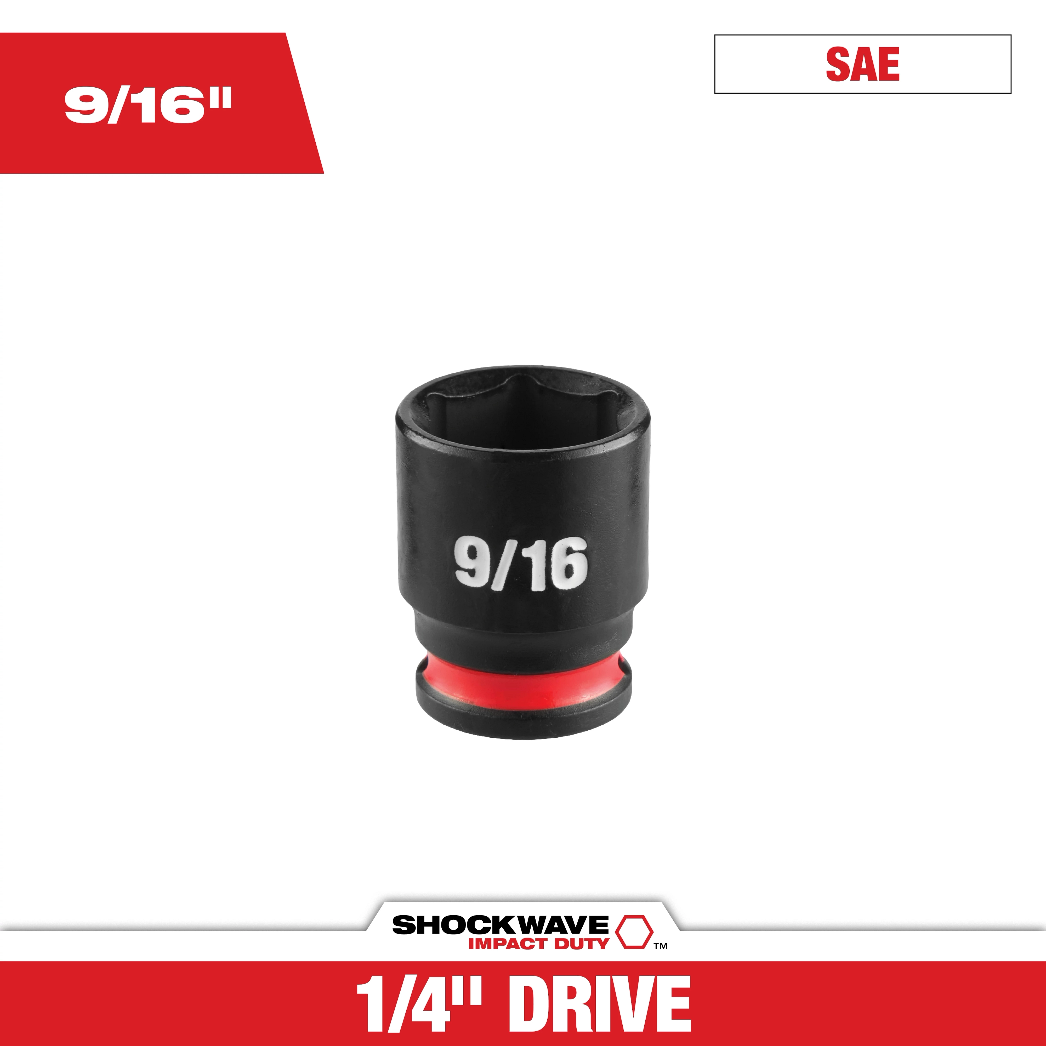 SHOCKWAVE Impact Duty 1/4" Drive 9/16" Standard 6 Point Socket centered on a white background.