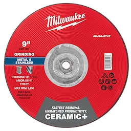 Nine-inch grinding wheel for metal and stainless steel, thickness 1/4", arbor 5/8"-11, Type 27, max RPM 6,650, Ceramic+.