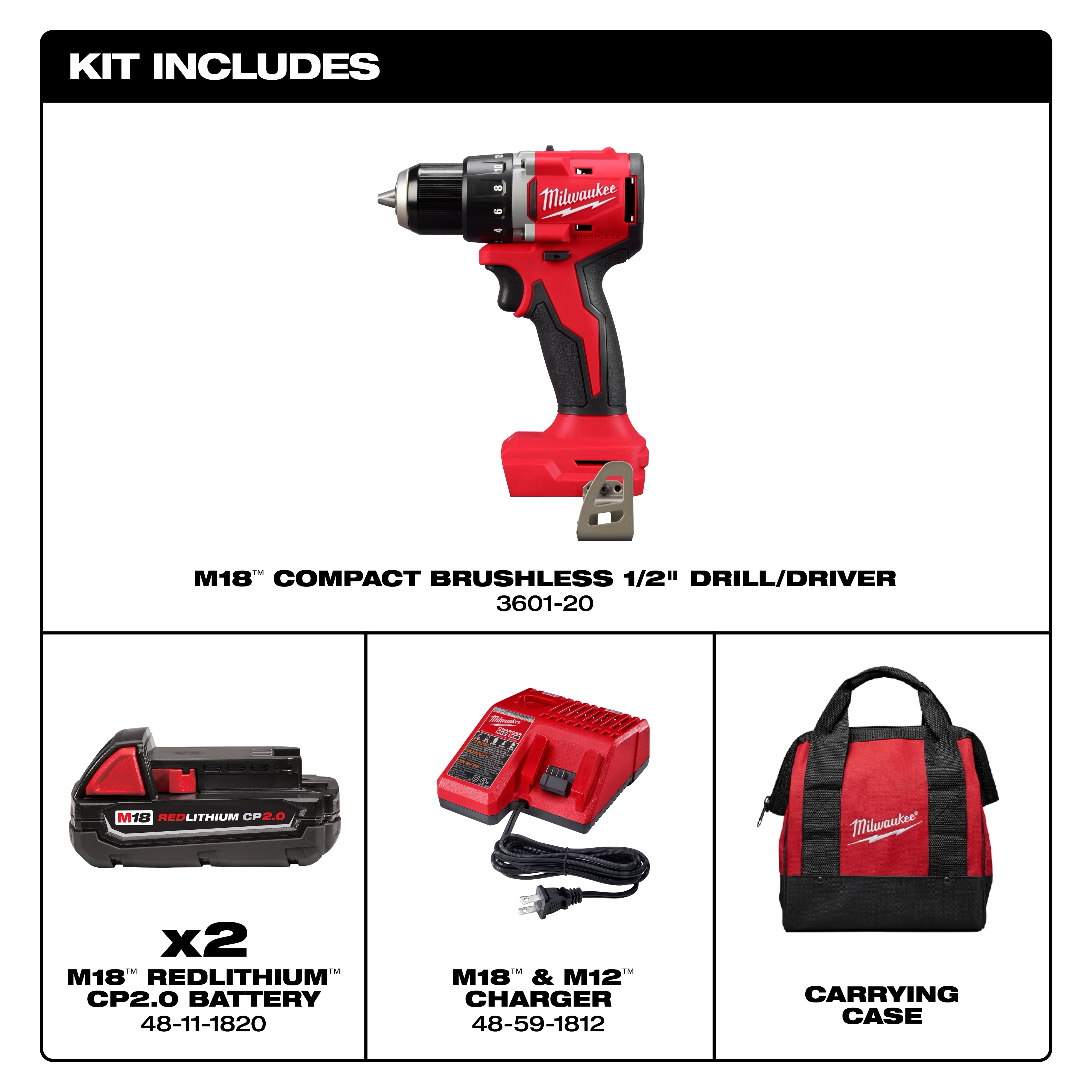 The M18 Compact Brushless 1/2" Drill/Driver Kit includes a drill/driver, two M18 batteries, a multi-voltage charger, and a carrying case.