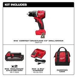 The M18 Compact Brushless 1/2" Drill/Driver Kit includes a drill/driver, two M18 batteries, a multi-voltage charger, and a carrying case.