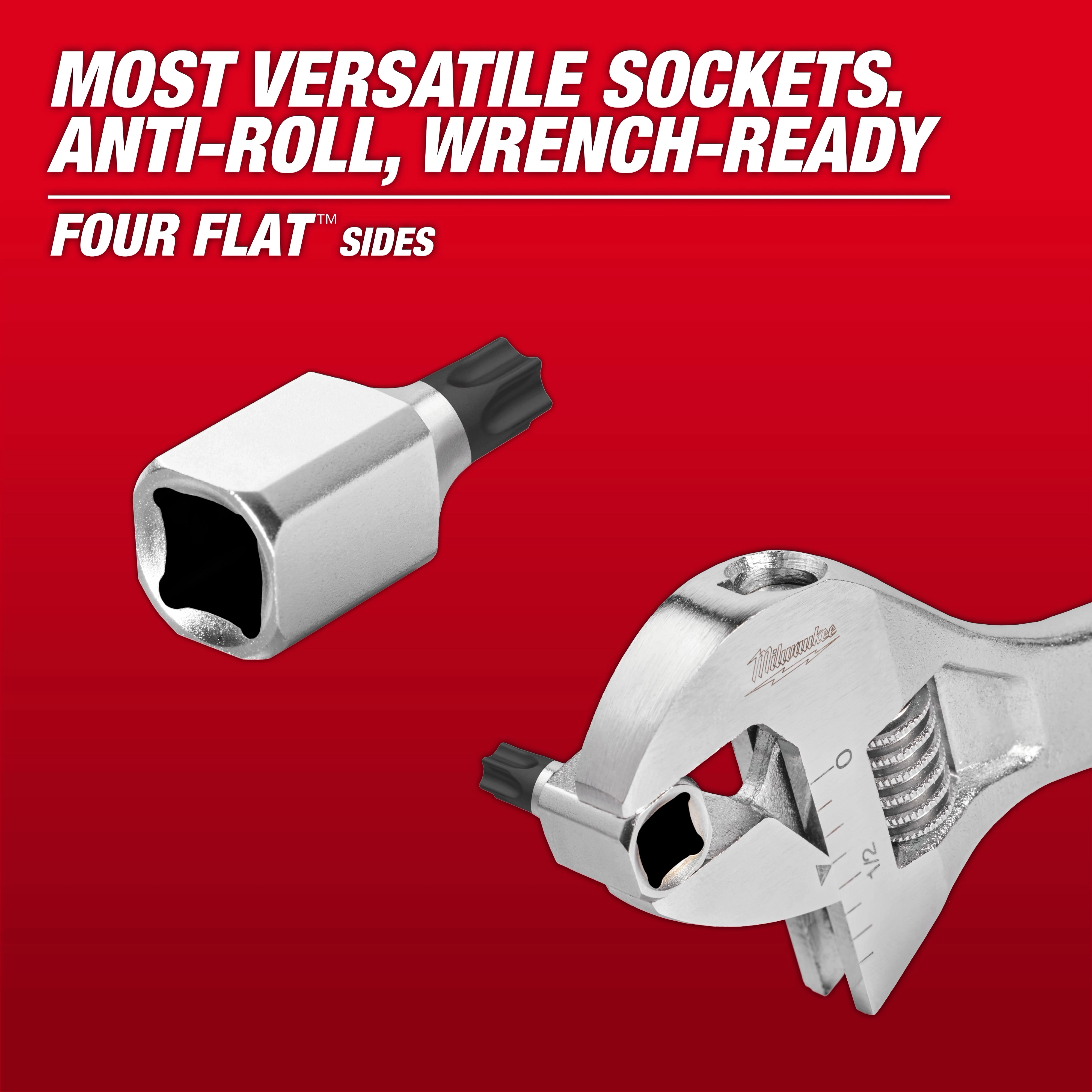 Tamper Proof TORX Bit Socket with anti-roll, wrench-ready design and four flat sides, shown with and without an adjustable wrench.