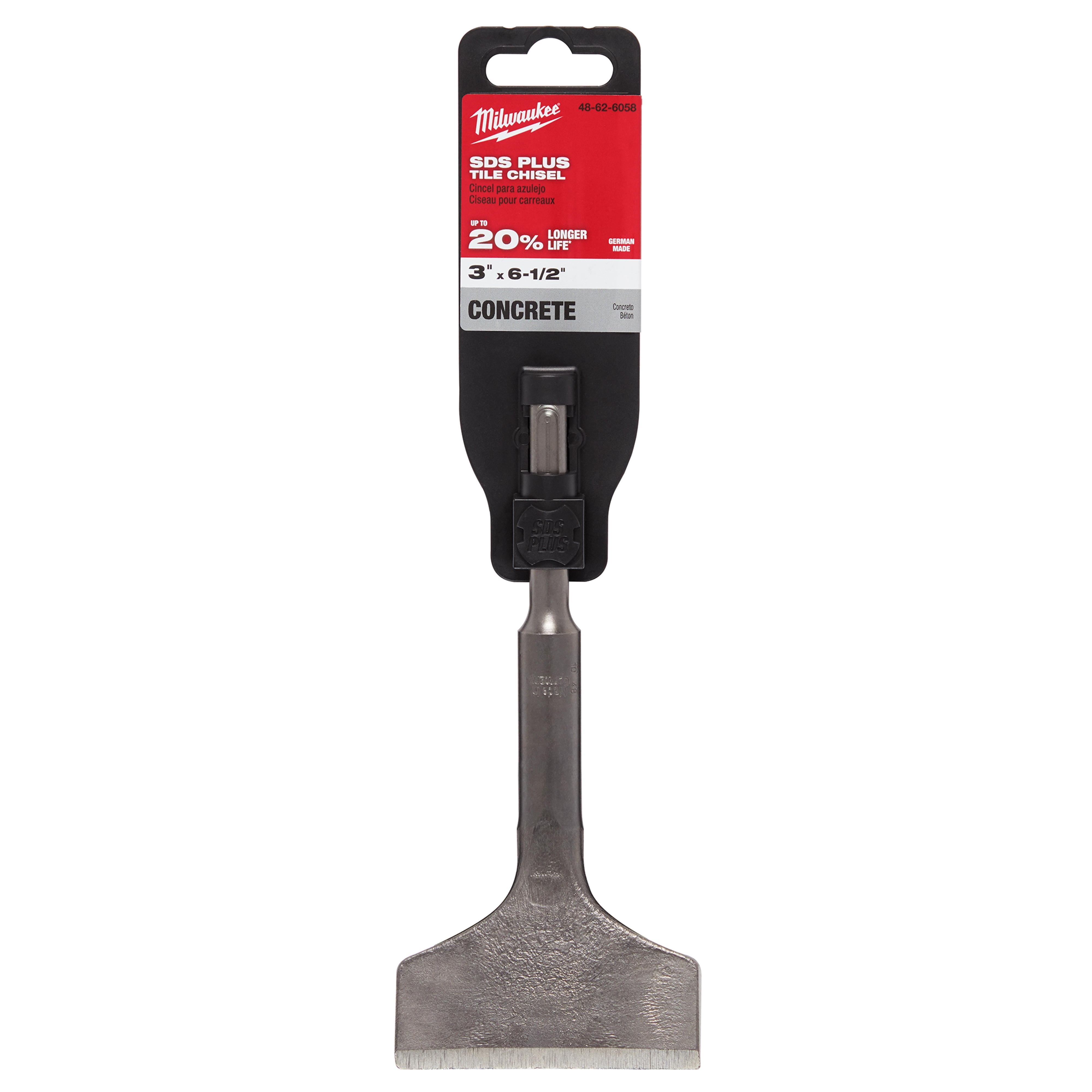 SDS Plus Tile Chisel 3" x 6-1/2", designed for concrete work, with a longer life, as shown in its red, black, and silver packaging.