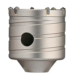 SDS+ CORE 2-9/16"X2" Boring bit features a cylindrical, metallic body with carbide-tipped cutting edges. Its design includes a side hole and a tapered lower section for efficient material removal. The bit is suitable for precise, heavy-duty drilling tasks in masonry and concrete.