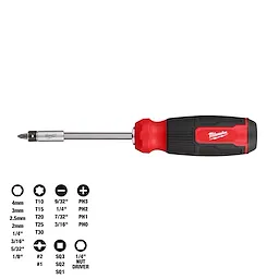 27-in-1 Multi-Bit Screwdriver with interchangeable bits, red and black handle, and labeled bit sizes displayed below.