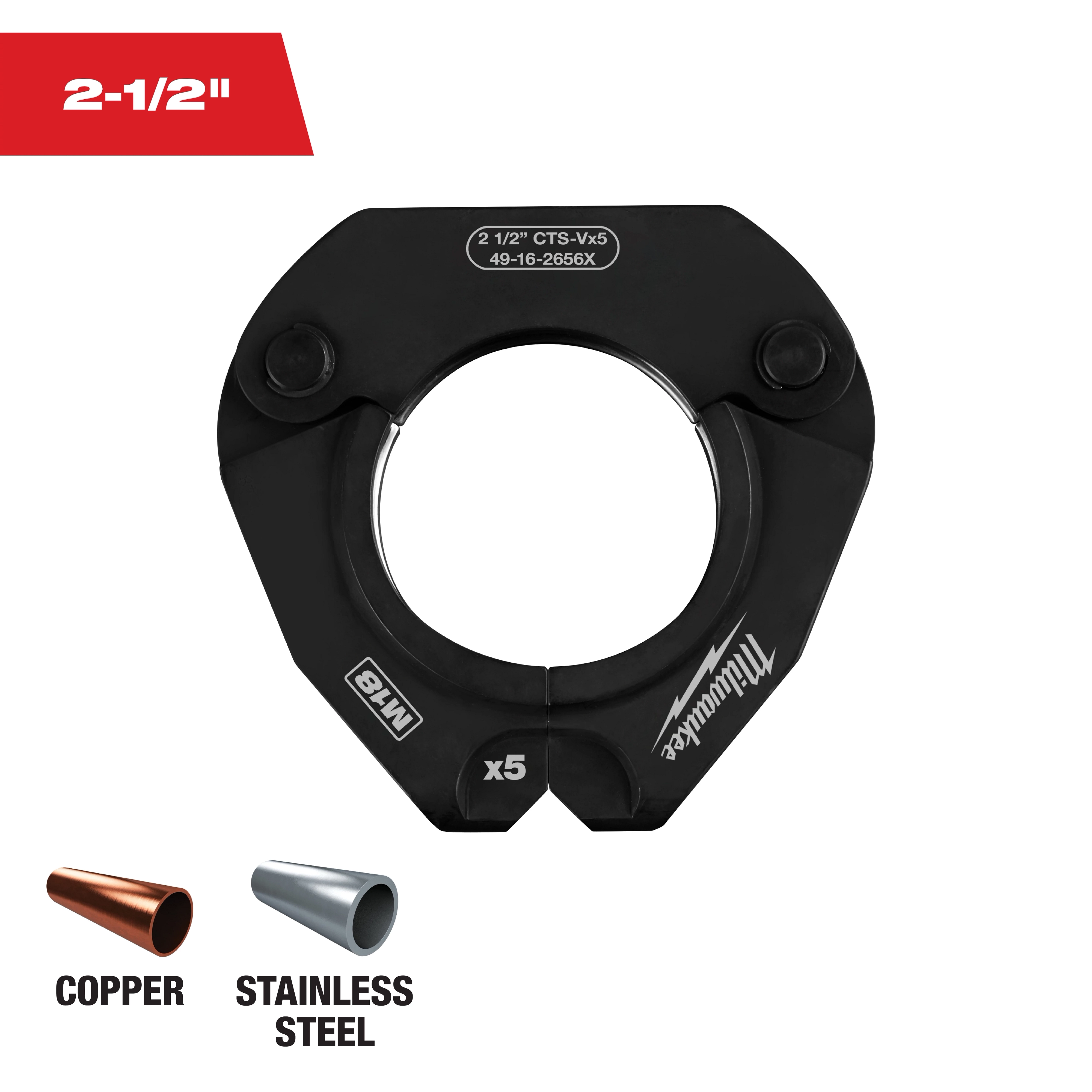 2-1/2" CTS-V Pivoting Press Ring for M18 FORCE LOGIC Press Tools, suitable for copper and stainless steel pipes.