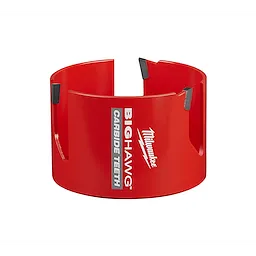 4" BIG HAWG with Carbide Teeth is a red hole saw with four black carbide blades and logos printed on its side.