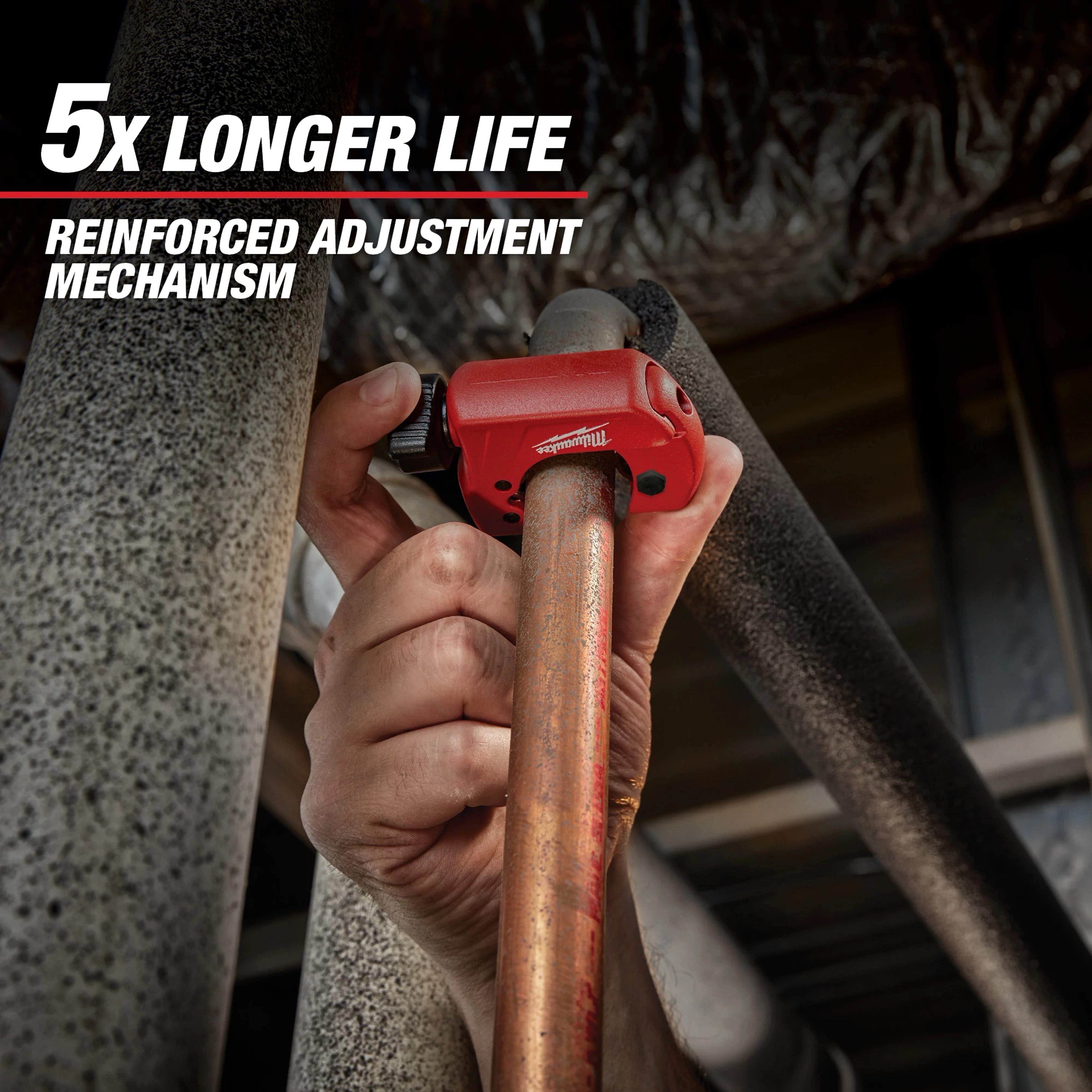 A hand uses the red Milwaukee pipe cutter on a copper pipe, demonstrating its reinforced adjustment mechanism. Text above reads "5x Longer Life."