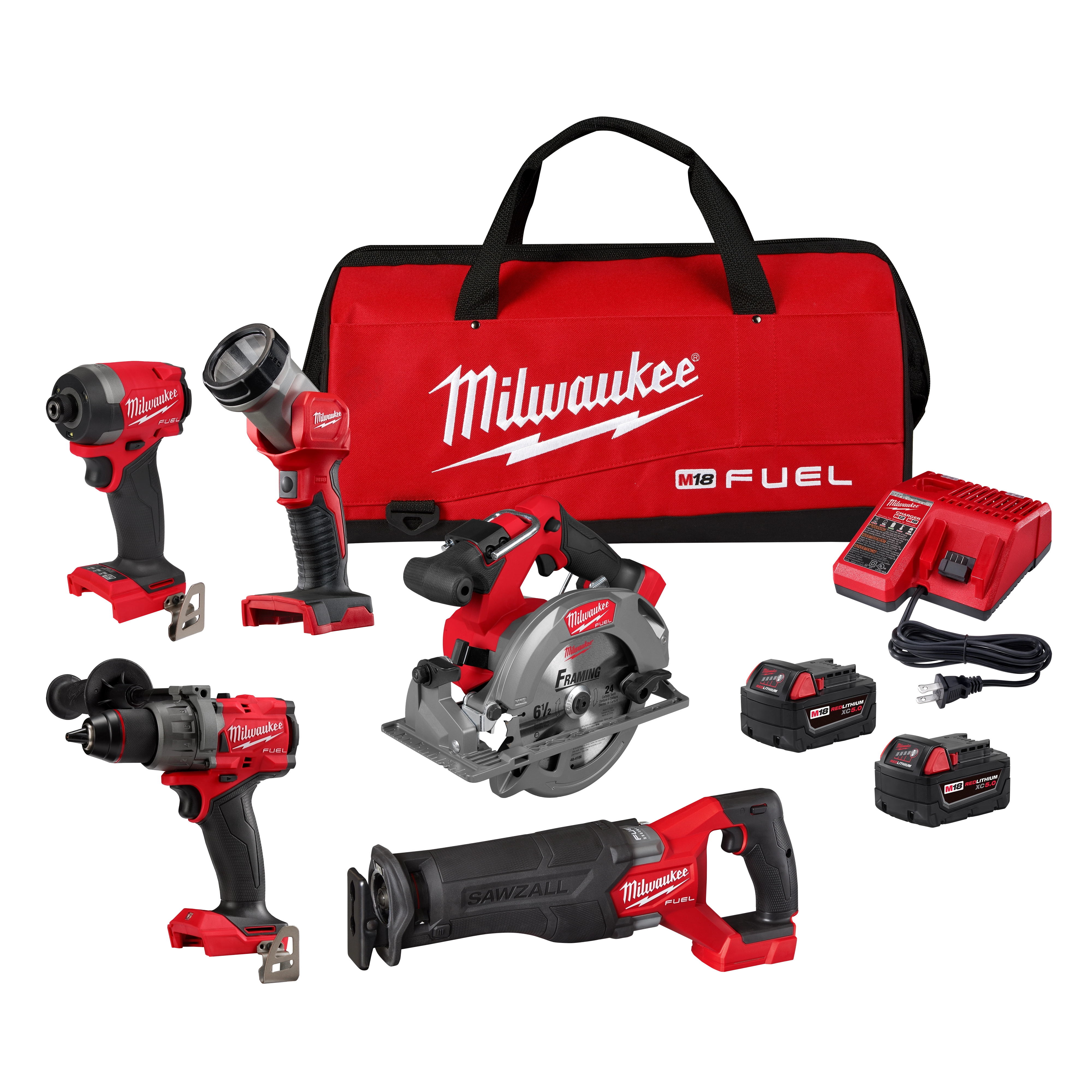 Milwaukee M18 FUEL™ 5 PC Combo Kit includes a drill, impact driver, circular saw, reciprocating saw, and work light. Accessories include two batteries, charger, and large red carrying bag. All tools feature red and black color scheme and Milwaukee branding, designed for various construction and DIY tasks.
