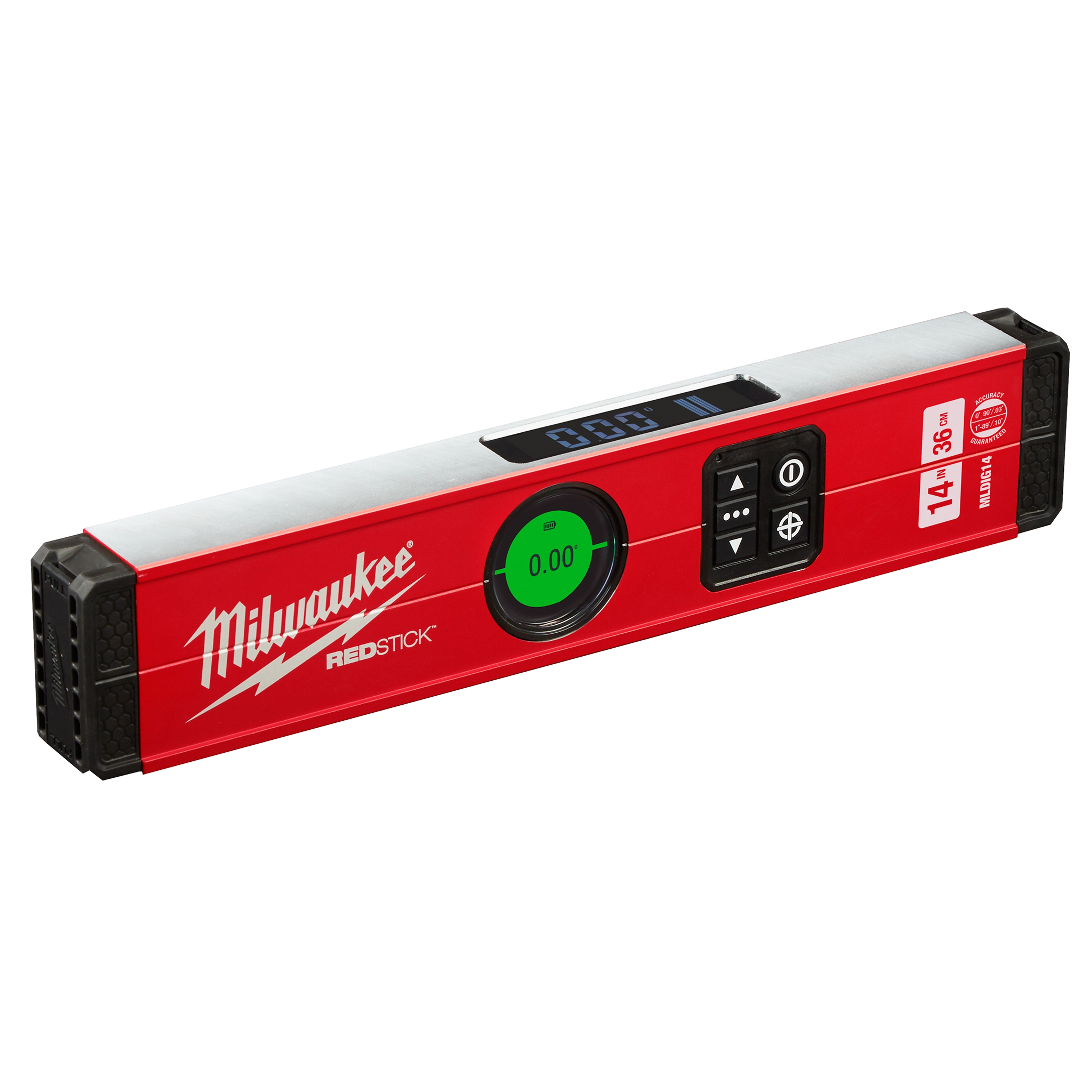 Milwaukee REDSTICK Digital Level with PINPOINT Measurement Technology, featuring a digital display and control buttons on a red body.