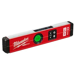 Milwaukee REDSTICK Digital Level with PINPOINT Measurement Technology, featuring a digital display and control buttons on a red body.