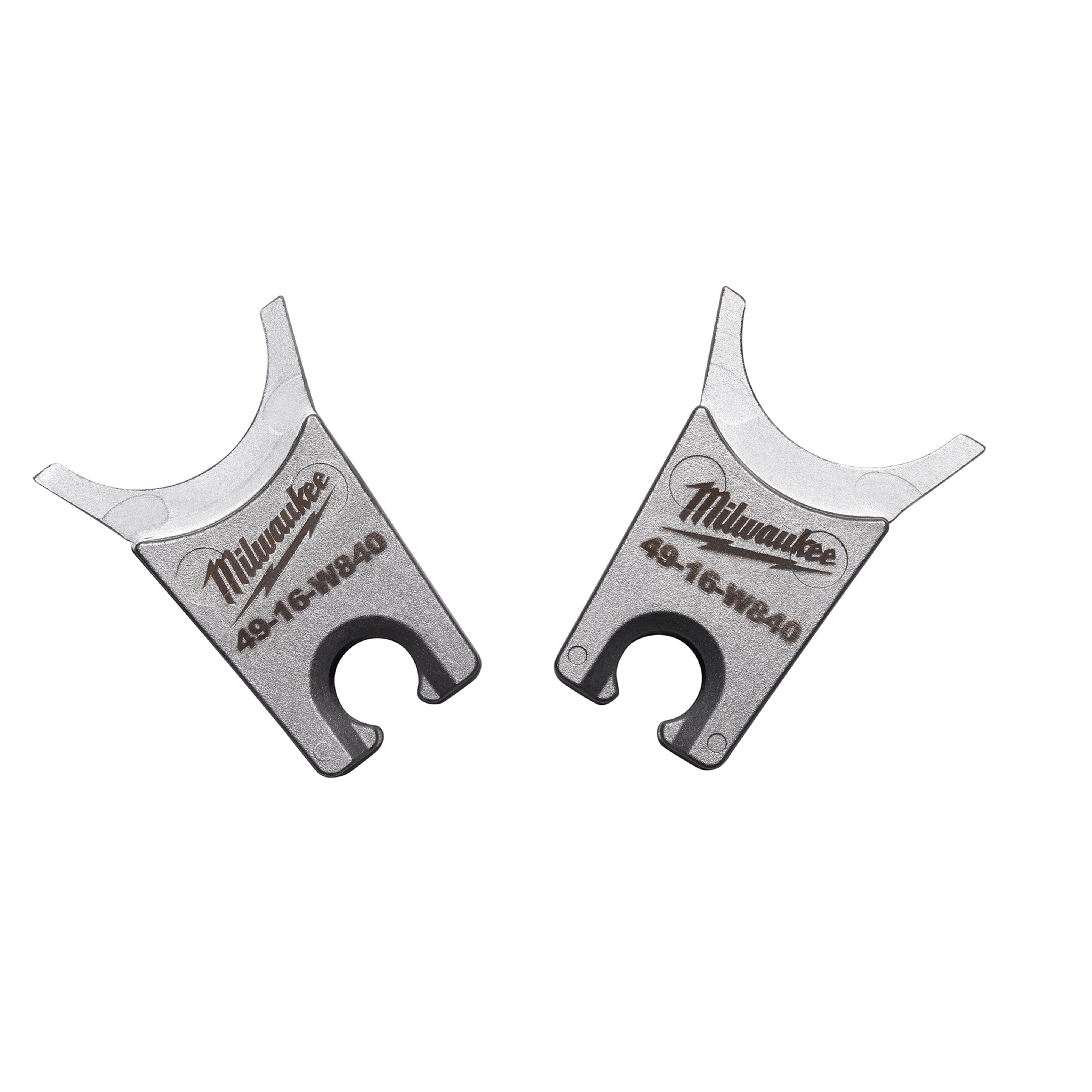 Milwaukee W Style Dies are two metallic, U-shaped cutting tools with the Milwaukee logo and model number 49-16-W840 engraved on the surface. They feature a unique design with beveled edges at the top and a circular opening at the base.