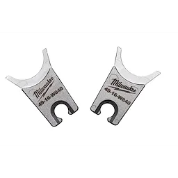 Milwaukee W Style Dies are two metallic, U-shaped cutting tools with the Milwaukee logo and model number 49-16-W840 engraved on the surface. They feature a unique design with beveled edges at the top and a circular opening at the base.