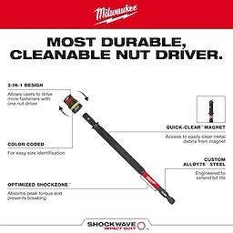 SHOCKWAVE™ Impact Duty 1/4” and 5/16” x 6” QUIK-CLEAR™ 2-in-1 Magnetic Nut Driver offers a durable design with a quick-clear magnet, color-coded for easy identification. Features include Optimized ShockZone™ to absorb peak torque and Custom Alloy76™ steel for extended bit life, enhancing productivity.