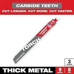 Sawzall Bi-Metal Carbide Primary Images product. Metal cutting blade with carbide teeth. Torch branding, designed for thick metal. Blade dimensions: 9 inches length, 8 TPI (teeth per inch). Pack size: 3 blades. Slogan: “Cut Longer. Cut More. Cut Faster.” Made in the USA.