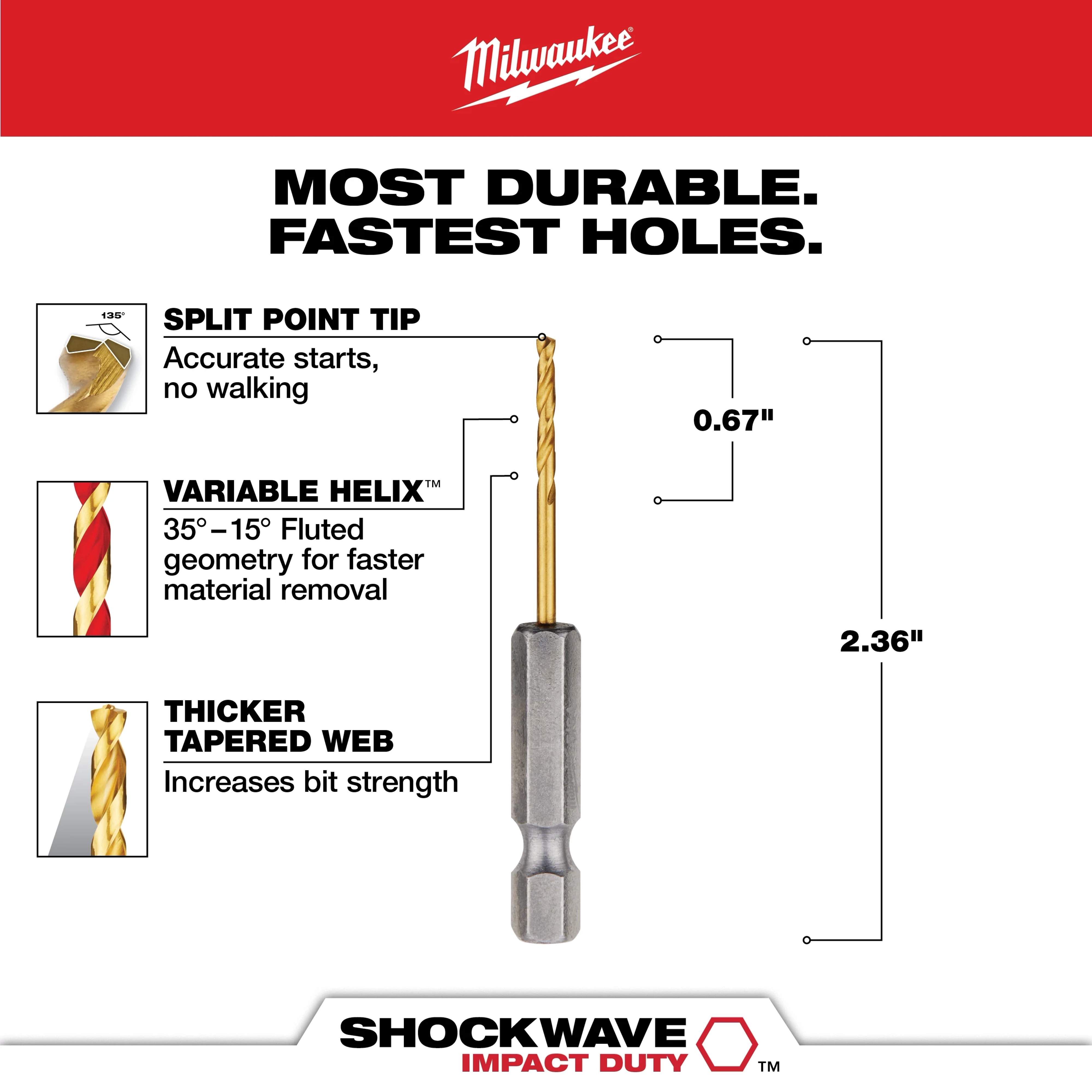 SHOCKWAVE 5/64 in. Titanium Drill Bit by Milwaukee. Features split point tip for accurate starts, variable helix fluted geometry for faster material removal, and thicker tapered web for increased bit strength. Measures 2.36 inches in total length, with a 0.67-inch flute length. Intended for impact duty applications.