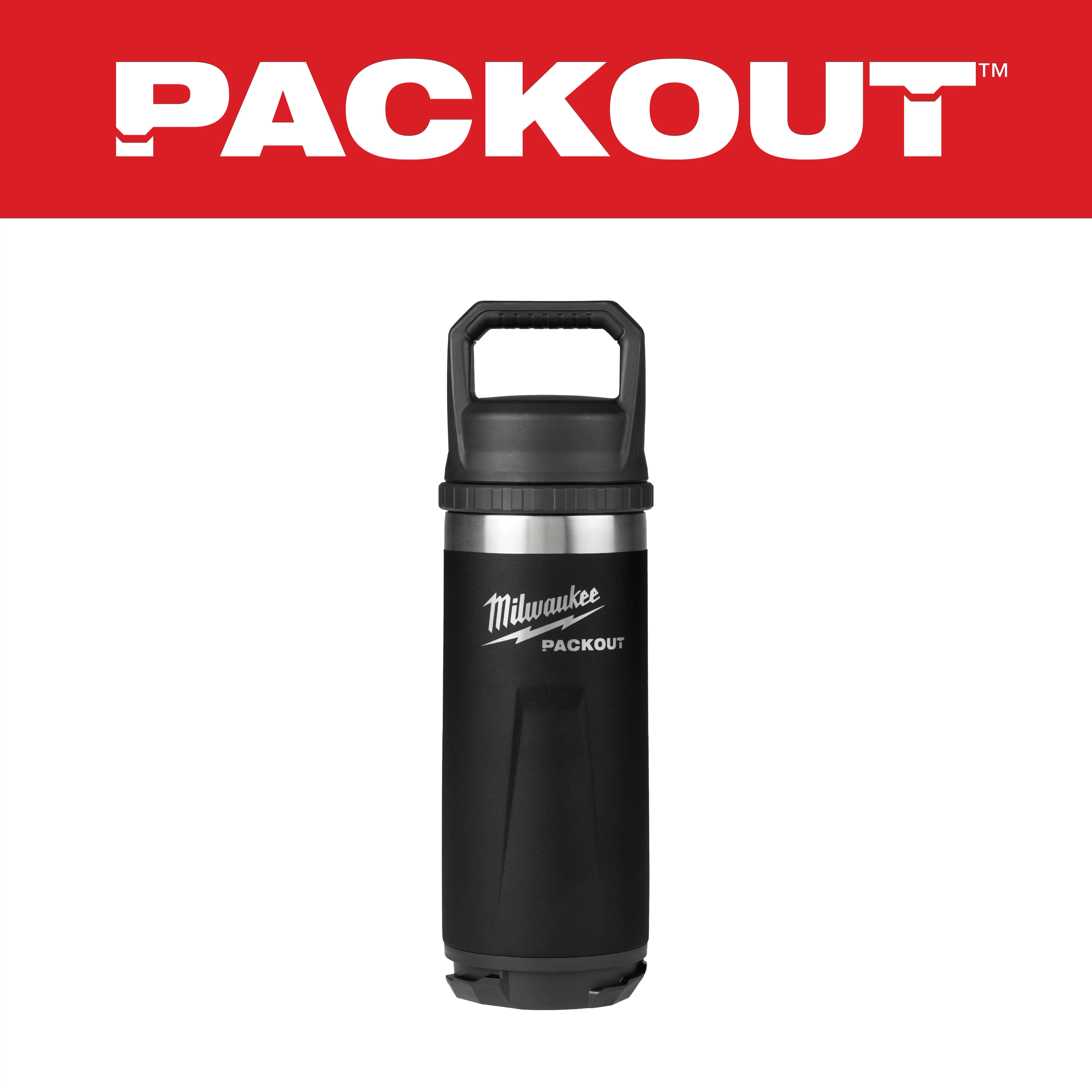 Milwaukee Packout black and silver insulated water bottle with a handle, shown against a red background with white "Packout" text.