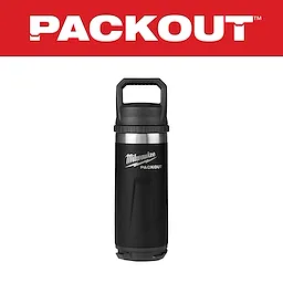 Milwaukee Packout black and silver insulated water bottle with a handle, shown against a red background with white "Packout" text.