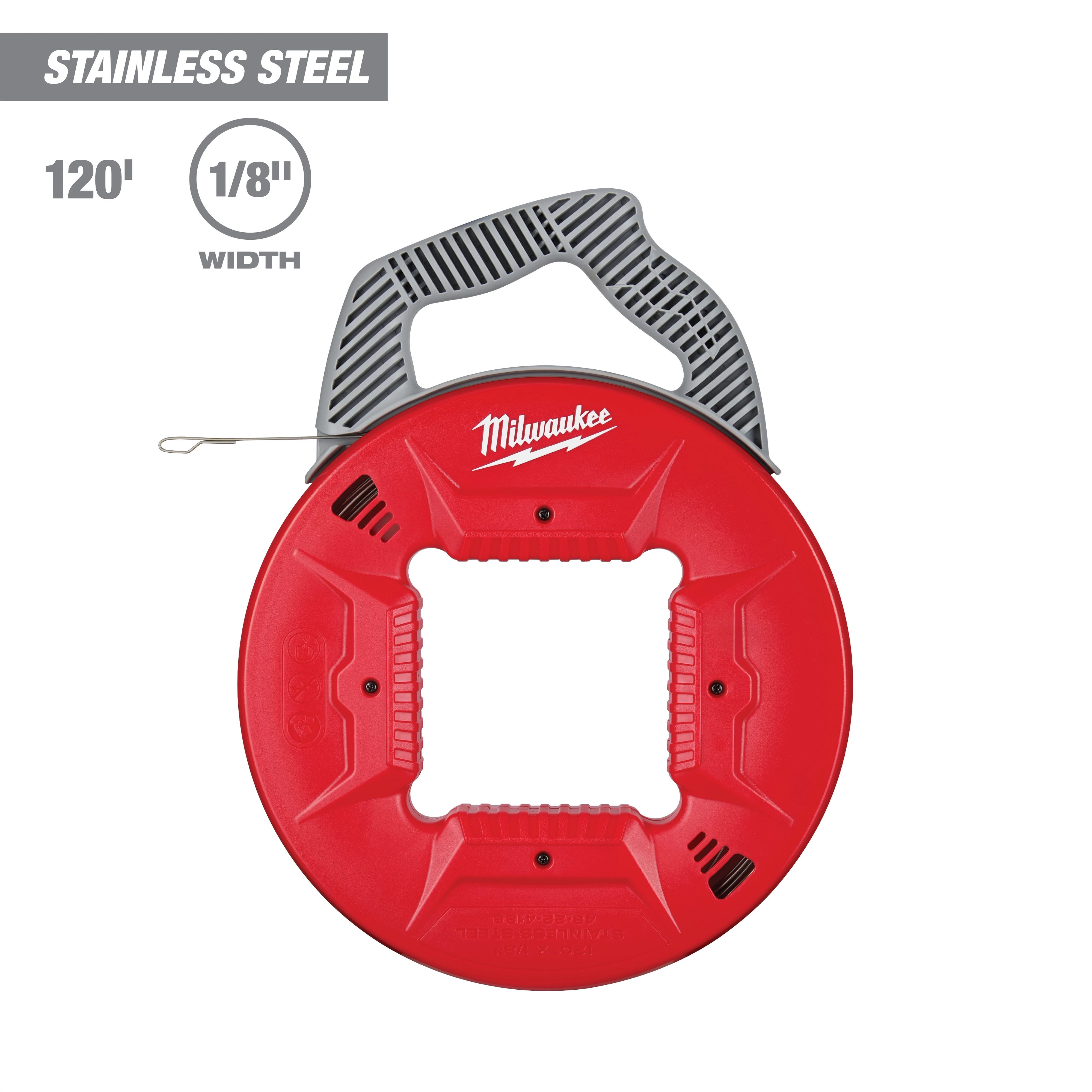 Milwaukee 240' Stainless Steel Fish Tape has a red circular housing with a handle. It is 120' long and 1/8" wide.