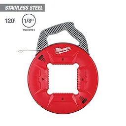 Milwaukee 240' Stainless Steel Fish Tape has a red circular housing with a handle. It is 120' long and 1/8" wide.