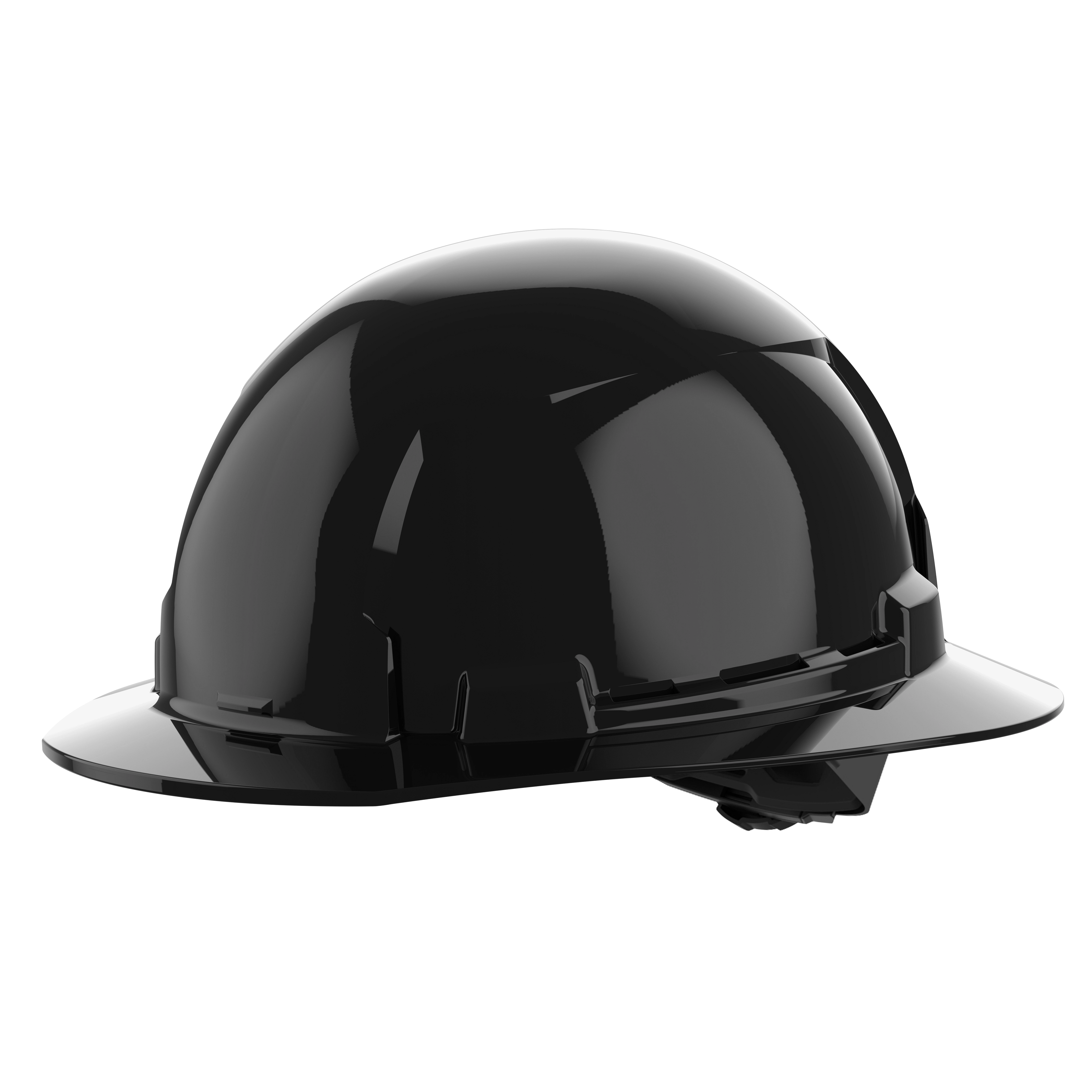 BOLT Black Full Brim Hard Hat w/4pt Ratcheting Suspension (USA) - Type 1, Class E on a plain white background