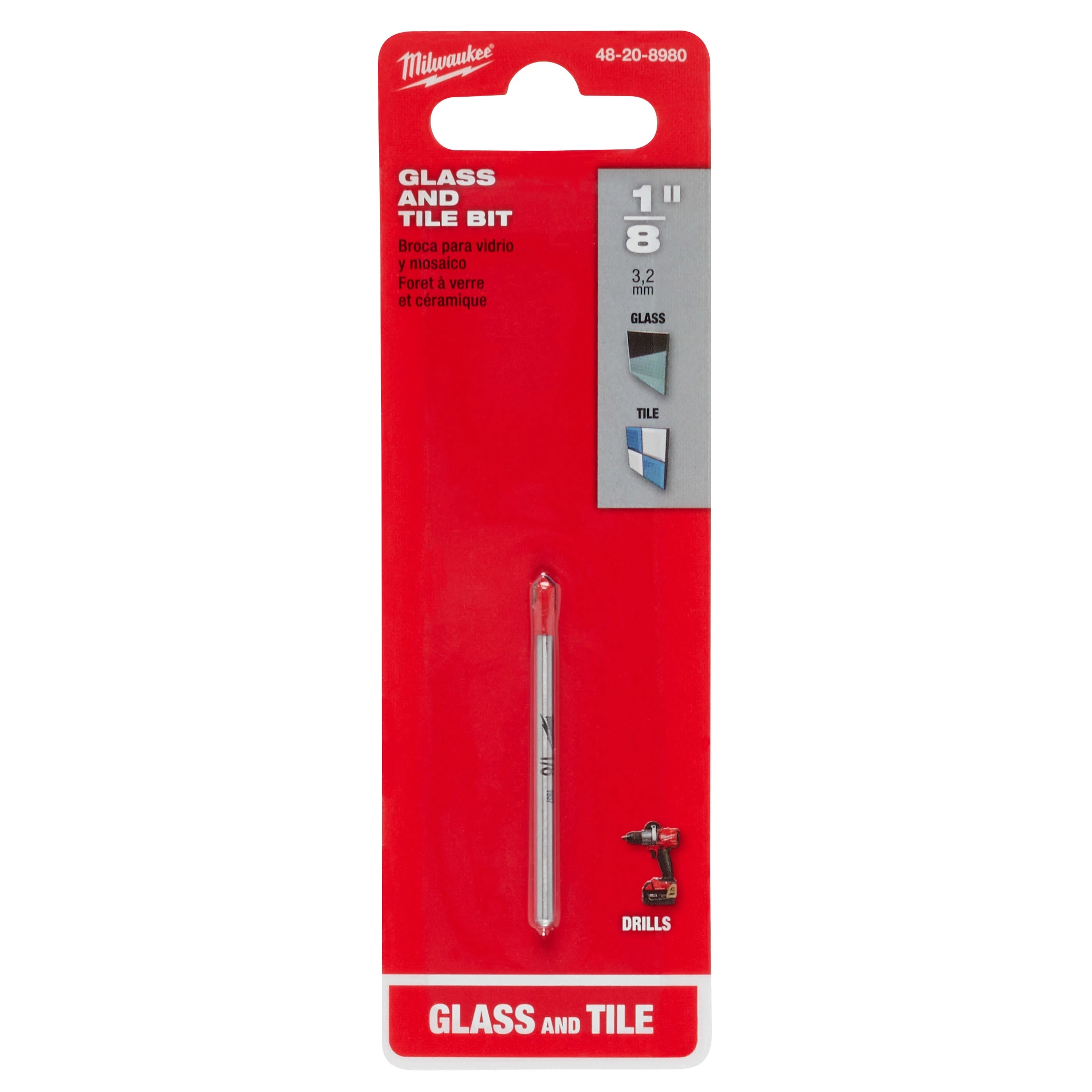 Glass and Tile Bit, 1/8" displayed in red packaging. The package features product illustrations and multilingual text detailing usage.