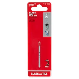 Glass and Tile Bit, 1/8" displayed in red packaging. The package features product illustrations and multilingual text detailing usage.