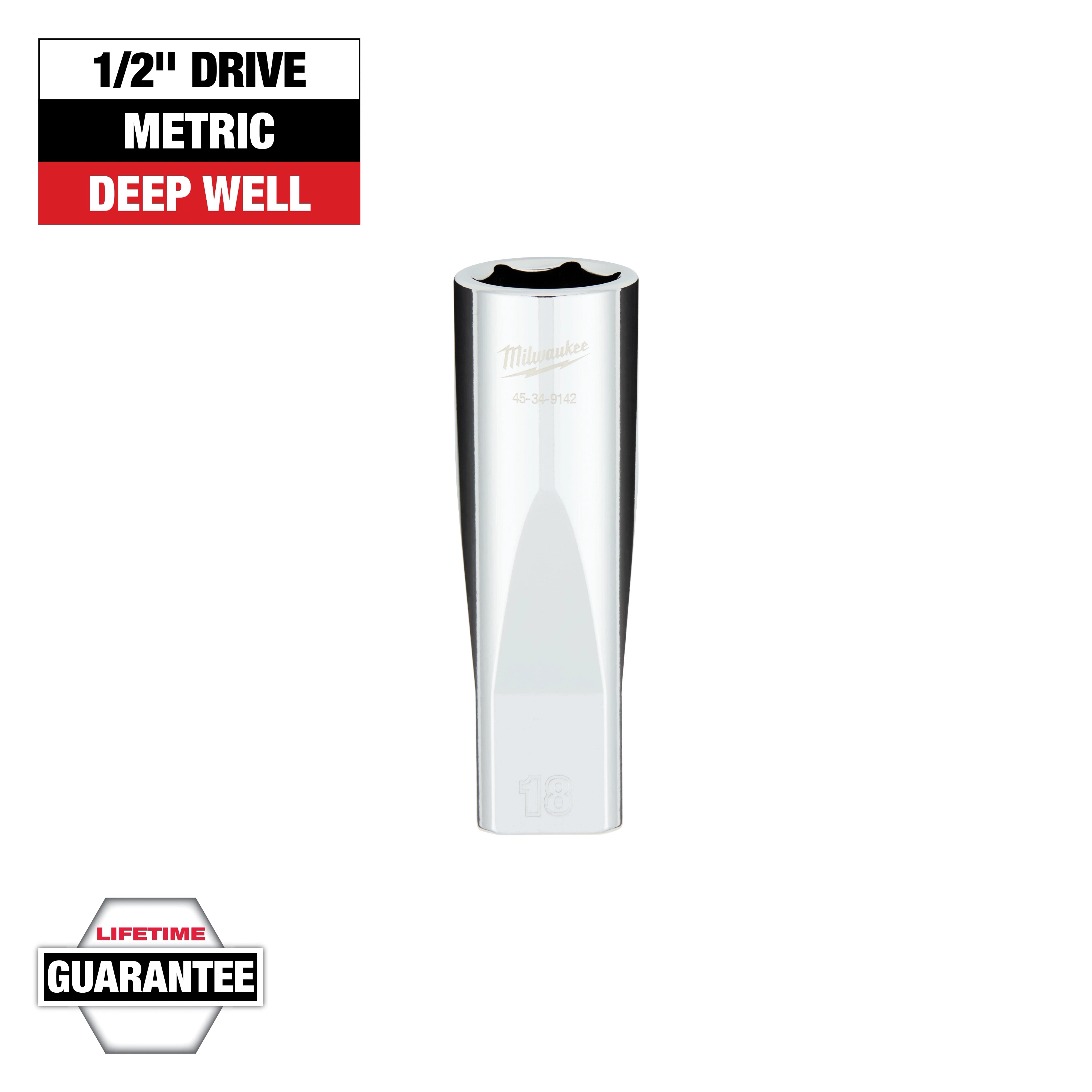 This image shows a Milwaukee 1/2-inch drive metric deep well socket. It has a polished chrome finish and a lifetime guarantee. The top left corner contains bold text indicating its size and type, while the bottom left corner has the lifetime guarantee logo.