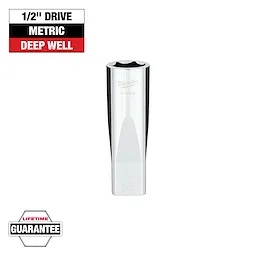 This image shows a Milwaukee 1/2-inch drive metric deep well socket. It has a polished chrome finish and a lifetime guarantee. The top left corner contains bold text indicating its size and type, while the bottom left corner has the lifetime guarantee logo.