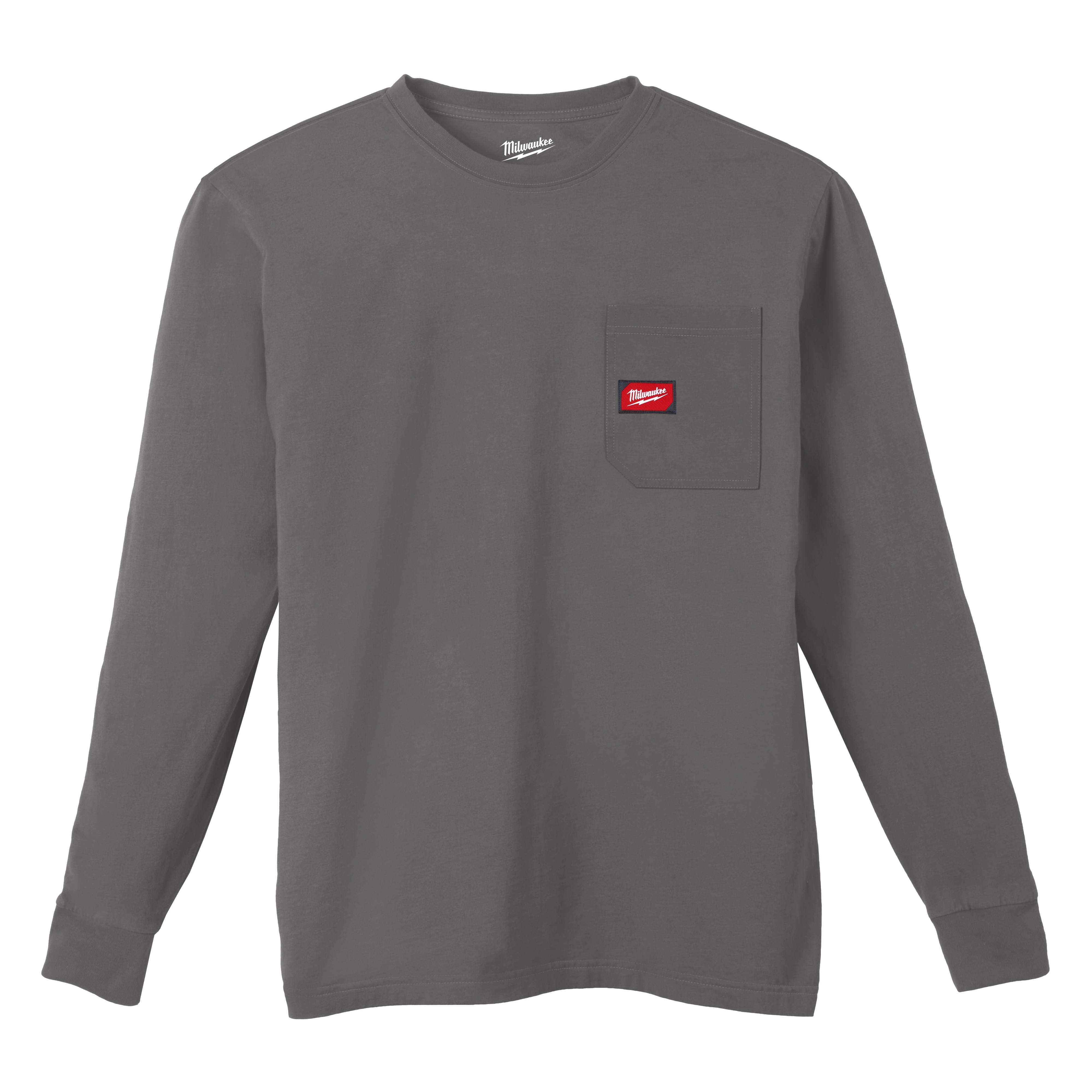 Heavy Duty Pocket T-Shirt in gray with long sleeves and a chest pocket featuring a red logo patch.