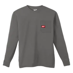 Heavy Duty Pocket T-Shirt in gray with long sleeves and a chest pocket featuring a red logo patch.