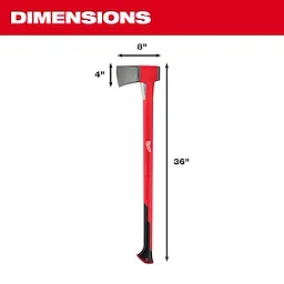 Red 36" Splitting Axe with a black handle and silver blade. Dimensions are 36" long, 8" blade width, and 4" blade height.