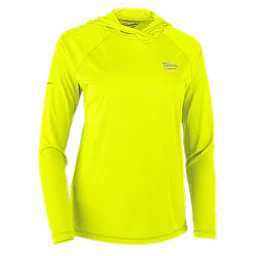 The image shows the Women's WORKSKIN™ Hooded Sun Shirt in yellow. It is a long-sleeve shirt with a hood and the Milwaukee logo on the left chest. The shirt is bright yellow, designed for sun protection.