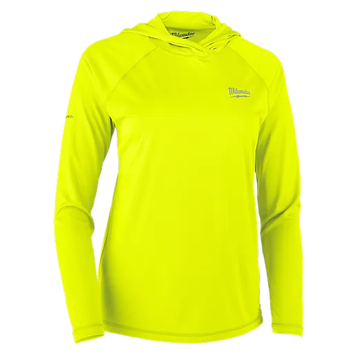 The image shows the Women's WORKSKIN™ Hooded Sun Shirt in yellow. It is a long-sleeve shirt with a hood and the Milwaukee logo on the left chest. The shirt is bright yellow, designed for sun protection.