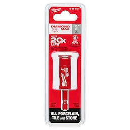 Milwaukee 5/8" Diamond Max Hole Saw in red packaging, designed for cutting porcelain, tile, and stone with wet cuts.