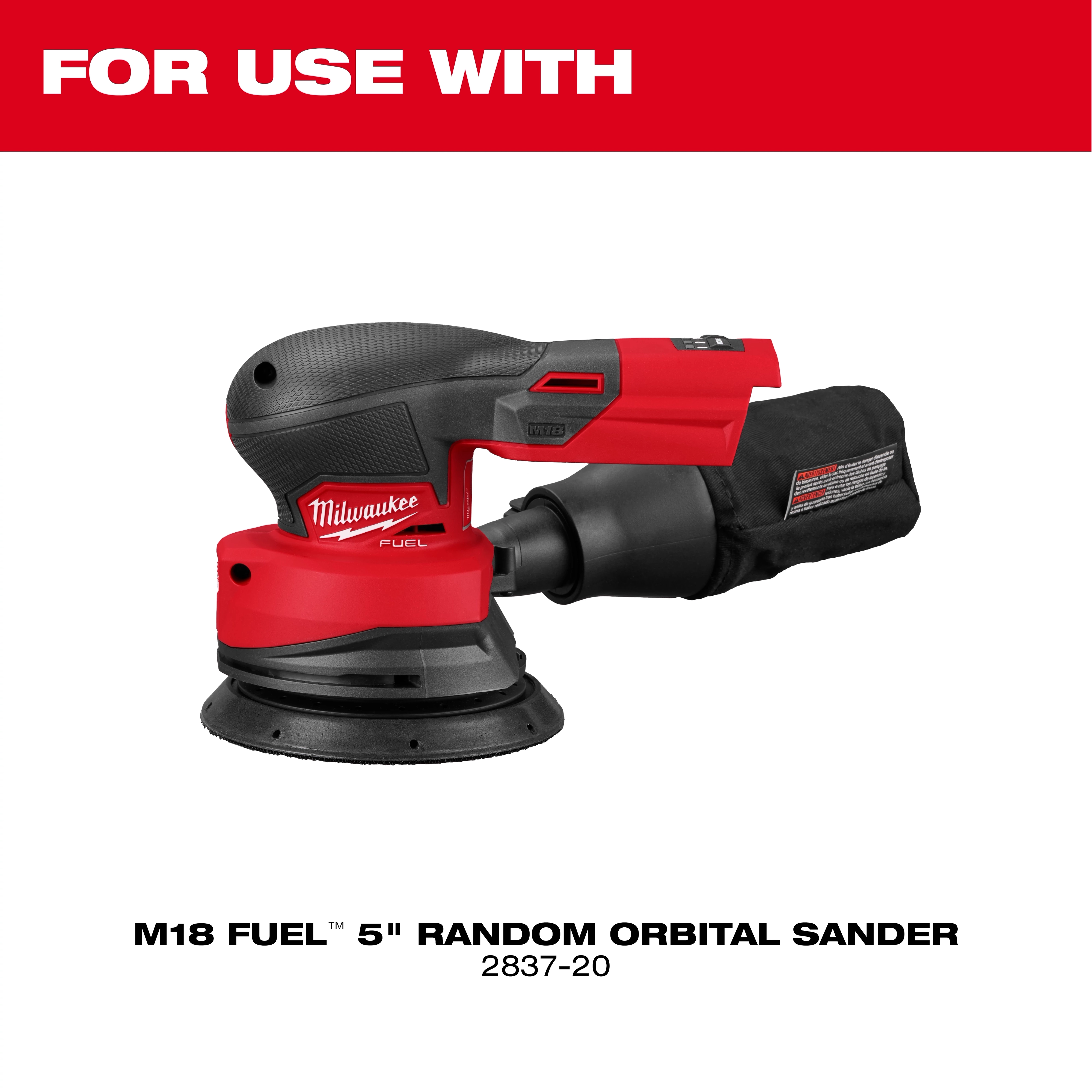 Image of a Milwaukee M18 Fuel 5-inch random orbital sander with text. Model number: 2837-20.