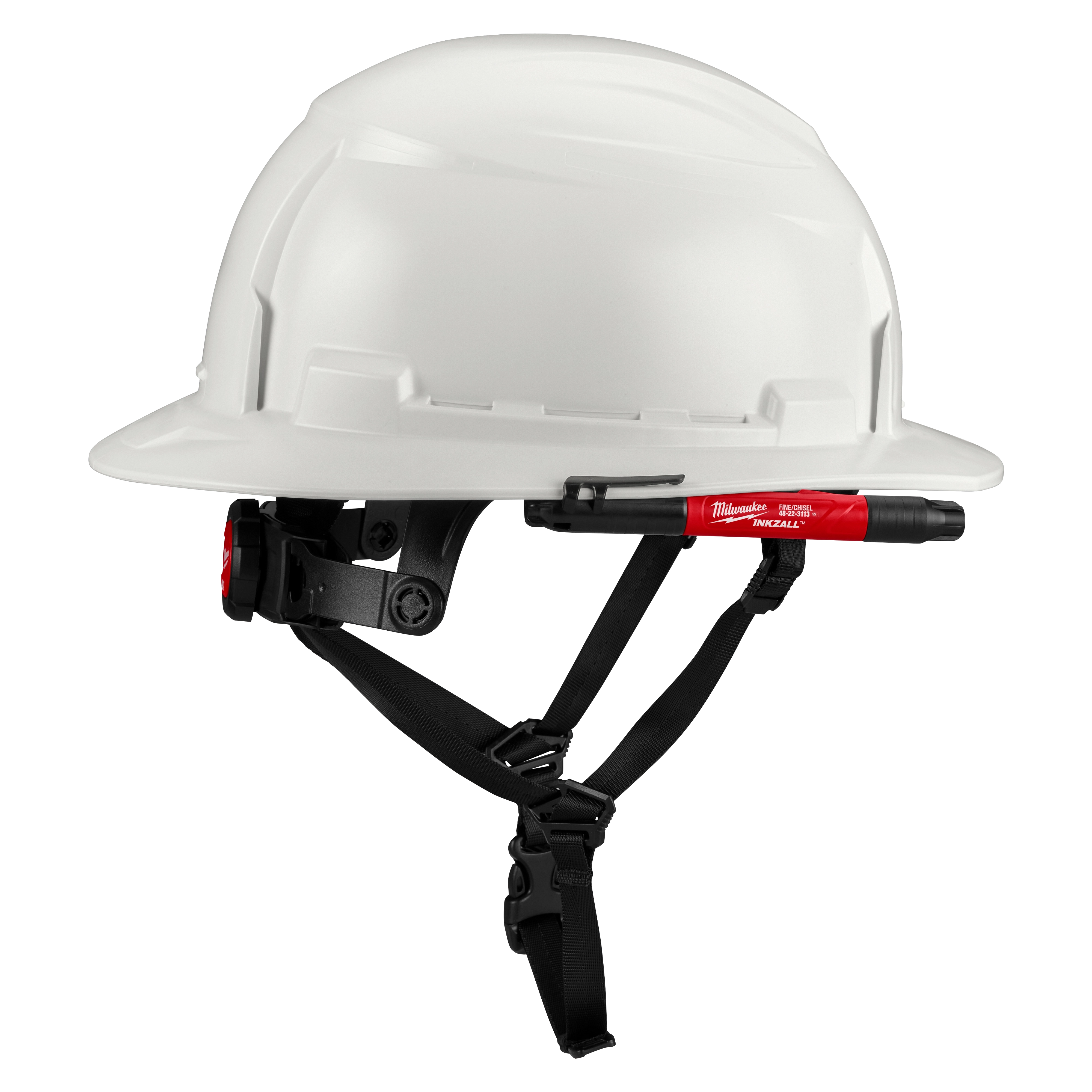 A white hard hat features the Milwaukee INKZALL Double-Sided Black Jobsite Marker—Fine Point & Chisel Tip attached to its side. The marker has a red body and is secured on the hat's strap, highlighting its convenient storage for jobsite use.