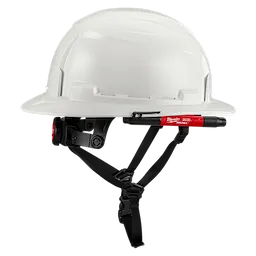 A white hard hat features the Milwaukee INKZALL Double-Sided Black Jobsite Marker—Fine Point & Chisel Tip attached to its side. The marker has a red body and is secured on the hat's strap, highlighting its convenient storage for jobsite use.