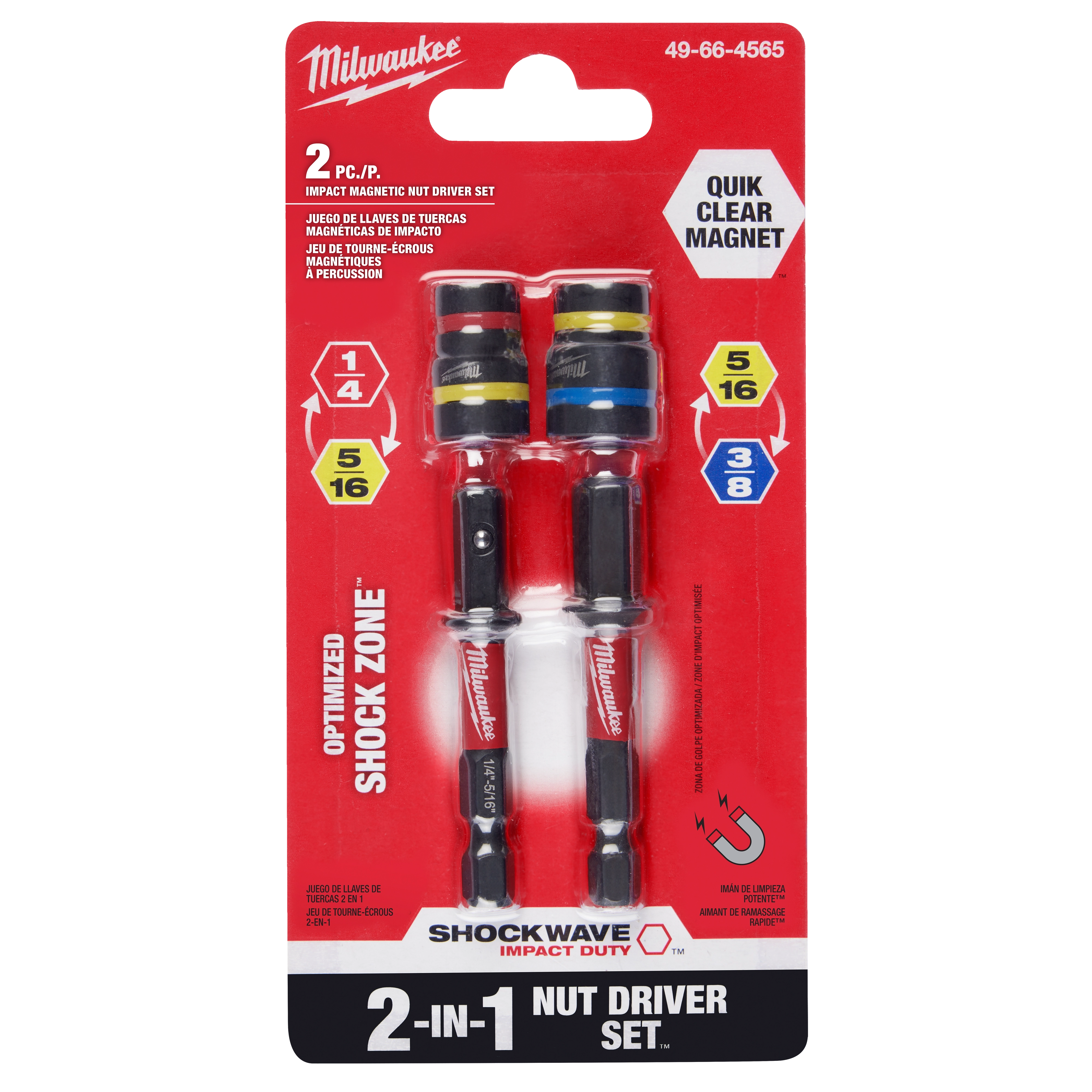 Milwaukee SHOCKWAVE IMPACT DUTY 2PC Quik-Clear 2-in-1 Magnetic Nut Driver Set, featuring 1/4 and 5/16 hex sizes.