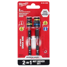 Milwaukee SHOCKWAVE IMPACT DUTY 2PC Quik-Clear 2-in-1 Magnetic Nut Driver Set, featuring 1/4 and 5/16 hex sizes.