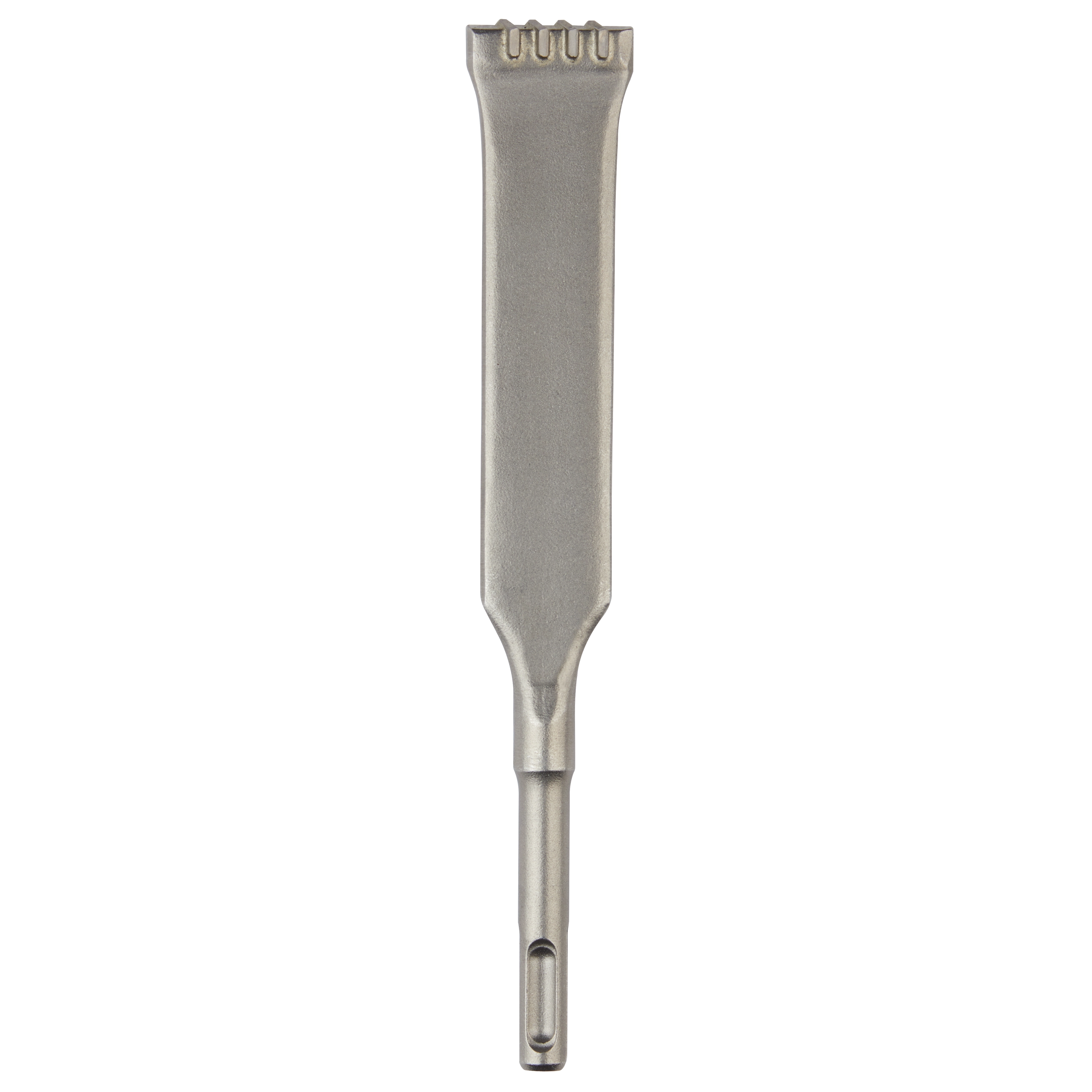 SDS Plus Carbide Slotting Chisel with a grooved, straight blade and round shank. Ideal for cutting and shaping concrete and masonry.