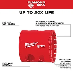 Milwaukee 1-3/4" DIAMOND MAX Hole Saw features increased diamond exposure, easy plug removal, and is designed for use with an arbor.