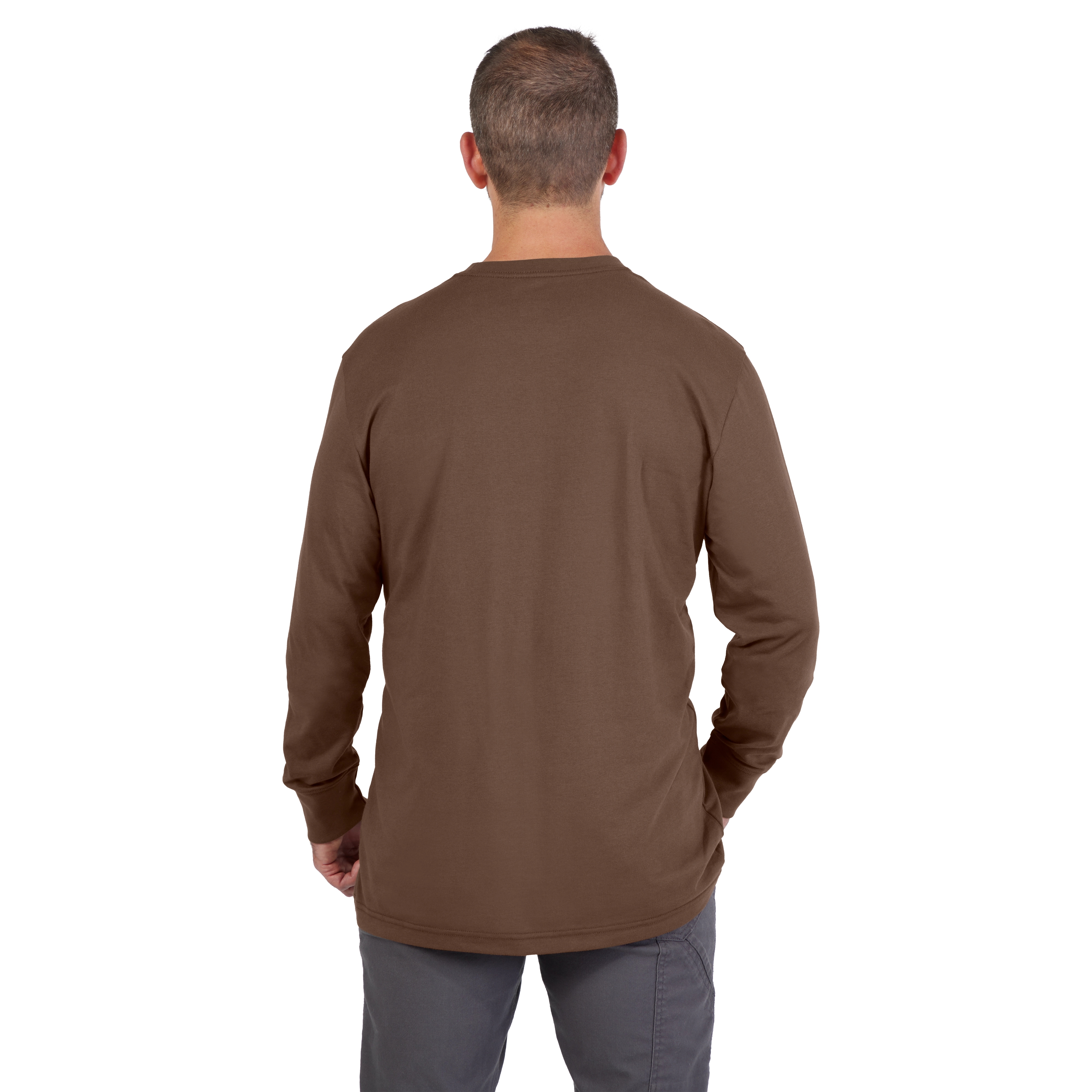 A man wearing a Heavy Duty Pocket T-Shirt - Brown with long sleeves, shown from the back. The shirt is paired with gray pants.